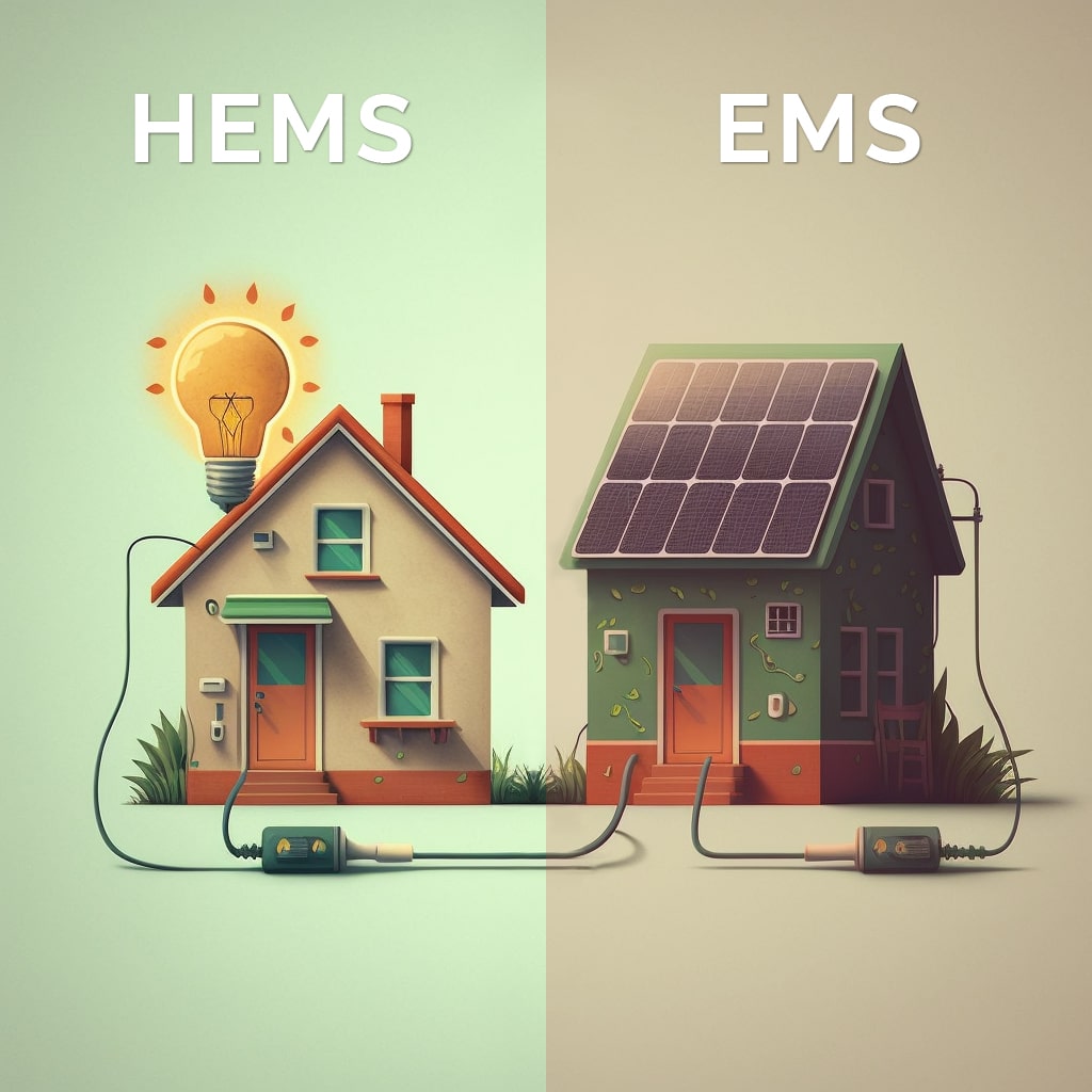 Obrazek przedstawiający dwa różne domki połączone ze sobą, jeden z panelami fotowoltaicznymi, drugi z żarówką, domki przedstawiają różnicę pomiędzy systemami HEMS i EMS.