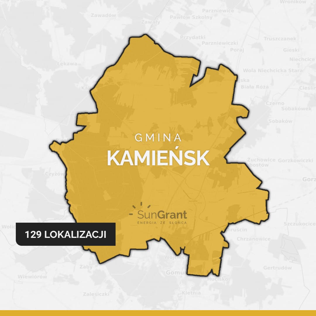 Grafika mapy gminy Kamieńsk z podpisem "129 lokalizacji"